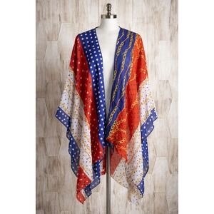 Janice Apparel Open Front Wrap Poncho Cover Up Polka Dot Chain Kimono Red Blue